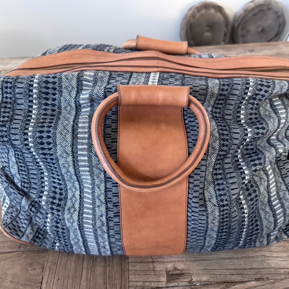 Anthropologie Stylish boho Blue and Tan Knit Duffle Bag